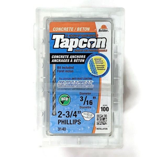 Tapcon 3/16-inch x 2-3/4-inch Climaseal Blue Flat Head Phillips Concrete Screw Anchors w/Drill Bit, 100PK 3140 - main